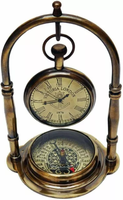 Era Brass Nautical Victoria Antique Desk Clock Table Clock Compass Brown