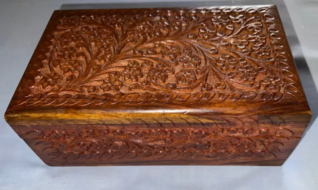 Old Antique India Wooden Handcrafted Beautiful Engraved Floral Jewelry Box Inlay