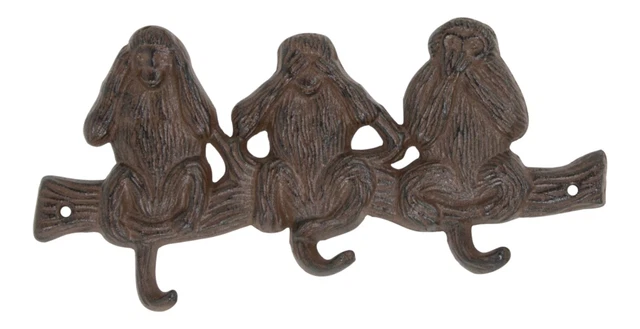 See Speak Hear No Evil Monkeys Triple Key Rack Hooks Cast Iron Wall Decor