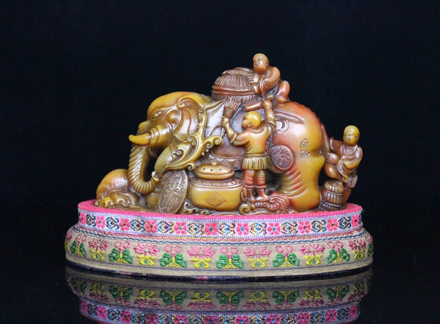 Chinese Exquisite Handmade Elephant Children carving Shoushan Stone Statue Seal