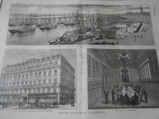 1880 engraving - view of the harbour of Bordeaux Hotel de Nantes in Bordeaux