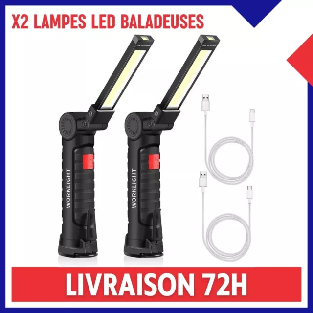 x2 Lampe LED Baladeuse Magnétique Travail Atelier Garage Torche Rechargeable USB