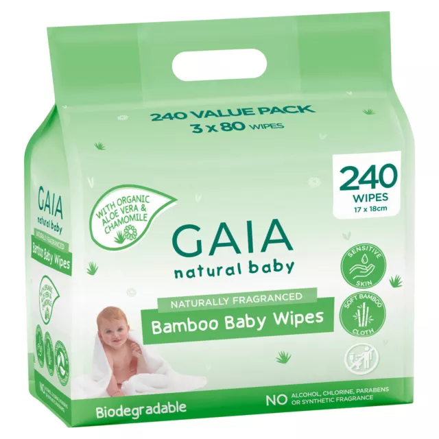 GAIA Natural Baby Bamboo Baby Wipes 3 x 80 Pack