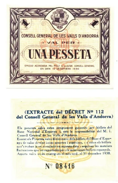 r Reproduction Paper - Andorra 1 una pesseta pesetas 1936 Pick #6    66