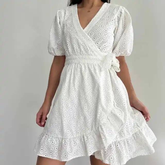 Scotch And Soda Dress Womens Medium White Broderie Eyelet Puff Sleeve Wrap