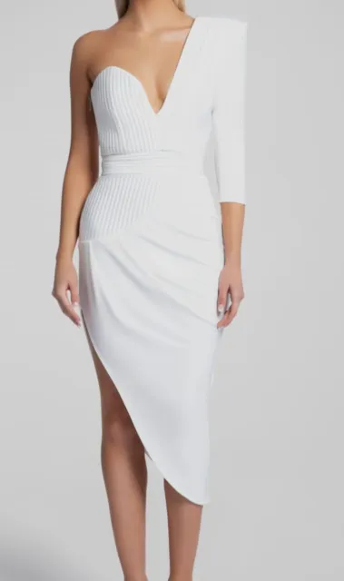 $600 ZHIVAGO Women White It's No Game One-Shoulder Asymmetric Midi Dress Size 8