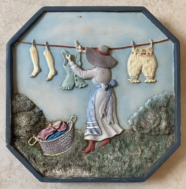 Set of (3) Hand Painted Cast Stone Wall Hanging Plaques Decorative Plates