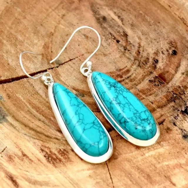 925 Sterling Silver Solid Turquoise Stone Handmade Dangle Earrings For Women