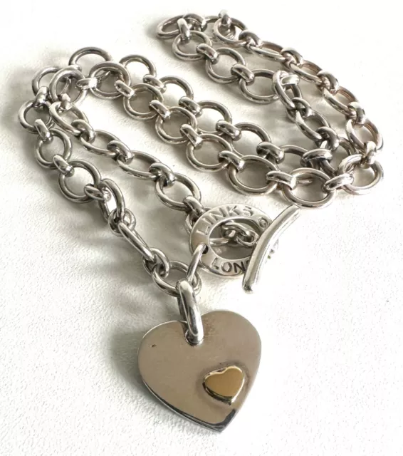 Links of London Chunky Solid Silver Chain Link Heart Drop Toggle Clasp Necklace
