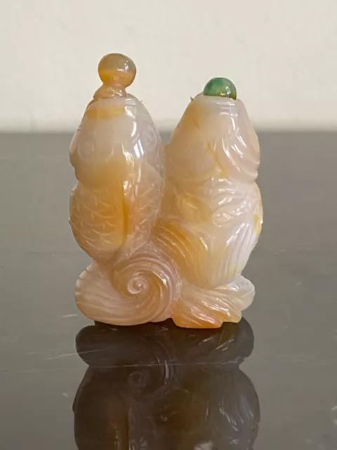 Vintage Chinese Carved Agate Stone Double Fish Snuff Bottle