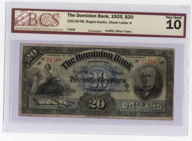 The Dominion bank, 1925, $20, BCS Very Good 10
