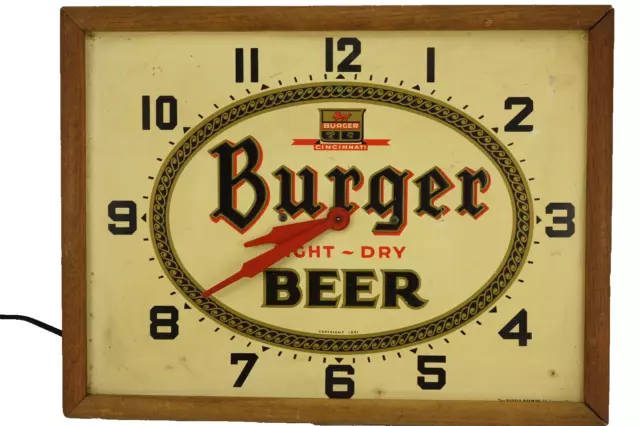 Vintage 1951 Burger Beer Advertising Clock 19" x 14-1/2" Tin Embossed Metal Sign