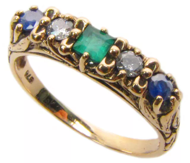 9ct 9k Solid Gold Emerald, Diamond, Sapphire Vintage Engagement Ring R470 Custom