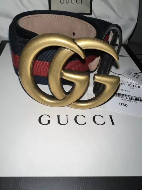 NEW! GUCCI GG Unisex Nylon Web Belt With Double G Antique Brass Buckle Navy/Red