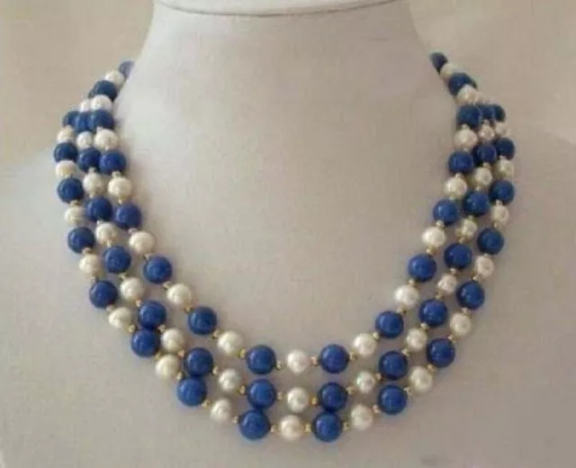 Natural 3 Rows 7-8mm Real White Pearl Blue Lapis Lazuli Beads Necklace 17-19''