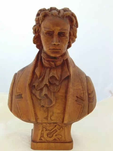 Vintage Hand Carved Solid Wood Composer Ludwig Van Beethoven Bust Figurine