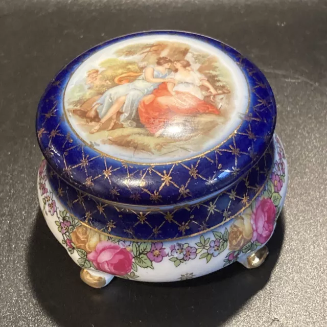 Vintage Cobalt Blue Gold Floral Limoges Style Lidded Porcelain Trinket Box