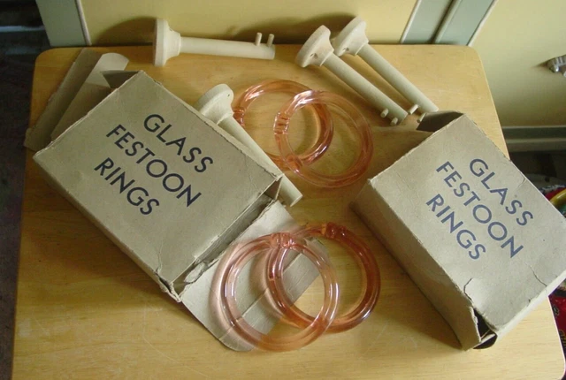 Vintage Set Of 4 Art Deco Rose Pink Glass Curtain Tie Backs / Festoon Rings -Nos