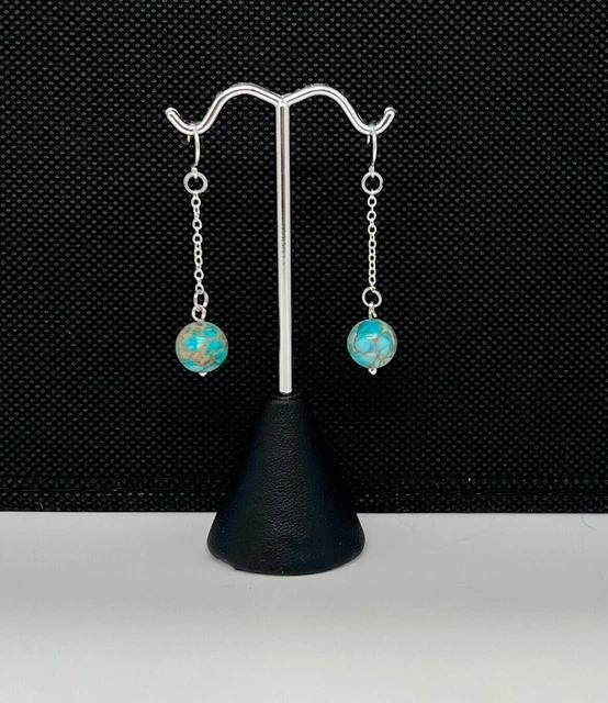 10mm round Aqua Terra Turquoise Jasper on sterling chain on sterling hook posts