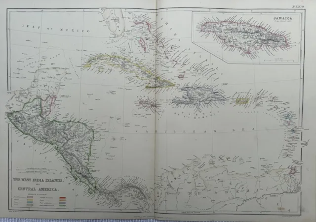 1860 West Indies & Central America Hand Coloured Antique Map by Blackie