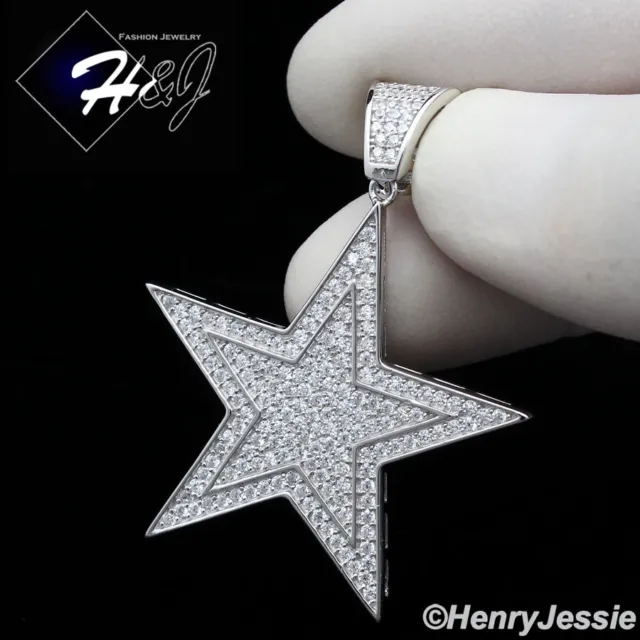 Men Solid 925 Sterling Silver Icy Bling Cz Silver 3D Star Hiphop Pendant*Sp206