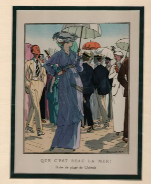 1913 Gazette du Bon Ton Pochoir Art Deco Que C'Est Beau La Mer Brissaud Print