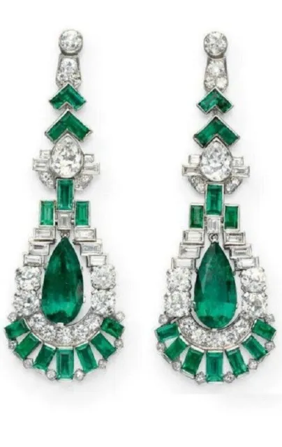 Antike Art-Deco-Smaragd- und Labordiamant-Ohrhänger-Ohrringe aus Sterlingsilber