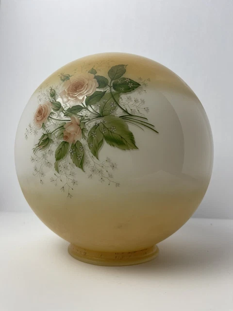 Vtg GWTW 8" Round Hurricane Oil Glass Lamp Shade Globe Amber Yellow Pink Roses 2