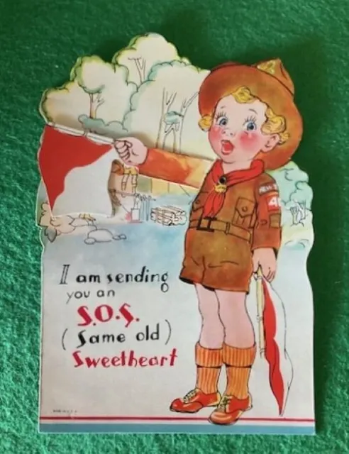 Vintage 1930's Mechanical Die Cut Valentine  Boy Scout camping