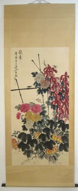 Qi Baishi Signed Chinese Hand Painted Scroll painting Pumpkin And Flowers 齐白石