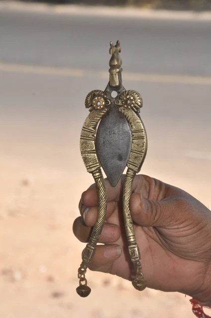 Vintage Brass Inlay Engraved Unique Shape Tribal Handcrafted Betel Nut Cutter