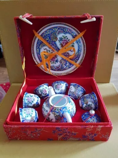 Vintage Chinese Miniature 9-Piece Porcelain Tea Set in Red  Silk Box