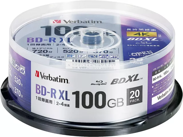 20 Verbatim Blank Blu-ray Discs 100GB 4x BD-R XL bluray VBR520YP20SD4 Spindle