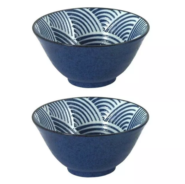 SET of 2 PCS. Japanese 5.25"D Rice Soup Bowls Blue Seikaiha Wave Made in Japan