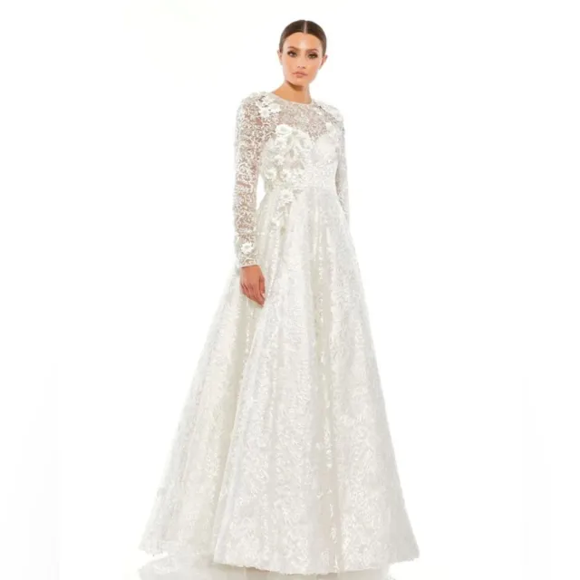 Mac Duggal EMBELLISHED ILLUSION LONG SLEEVE A LINE  white wedding gown dress 10