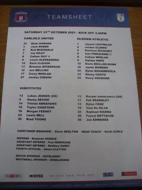 23/10/2021 Colour Teamsheet: Carlisle United v Oldham Athletic (folded)