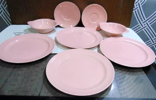 8 Pieces of Real Nice Vintage Pastel Pink Lu-Ray Dinner Serving Plates & Bowls
