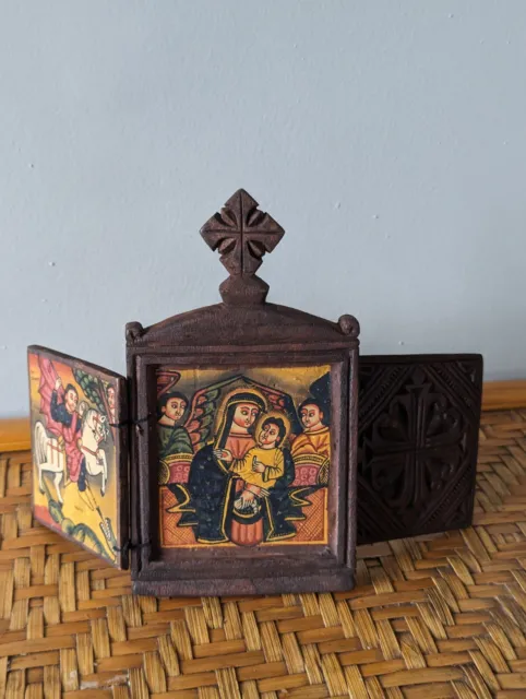 Ethiopia Orthodox Hand Carved Wood Double Sided Icon Jesus Carries The Cross