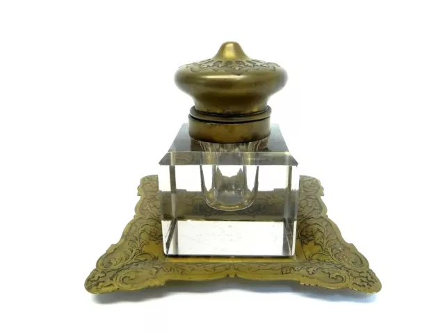 Vintage Used Old Metal Brass Glass 129 Decorative Ornate Desk Container Inkwell