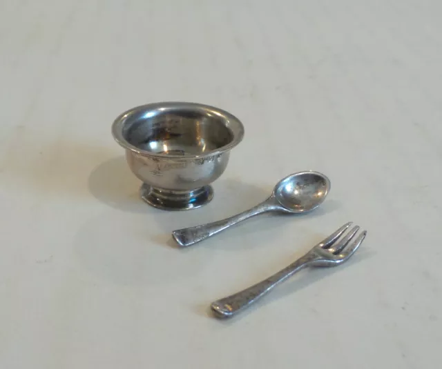 Cute Antique English Sterling Silver Miniature Bowl, Fork & Spoon Set