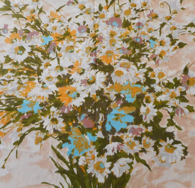 Vintage French Daisy Floral Cotton Fabric Bedspread~Tangerine Turquoise Tan