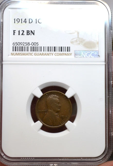 1914 D Lincoln Head Penny Key Date One Cent NGC F12 BN Rare US Coin
