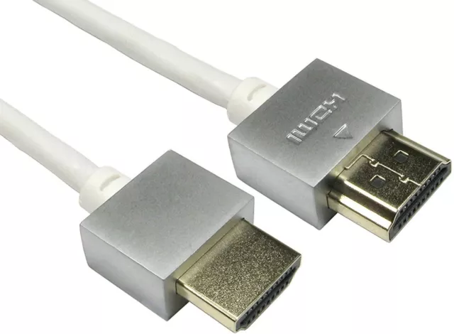 SUPER SLIM HDMI Cable High Speed with Ethernet 4K 3D HD TV White Metal heads