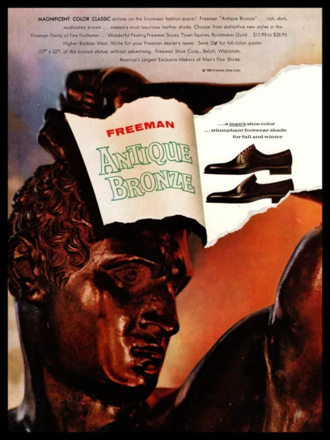 1960 Freeman Shoe Co. Beloit WI Antique Bronze Statue Town Squire Shoes Print Ad