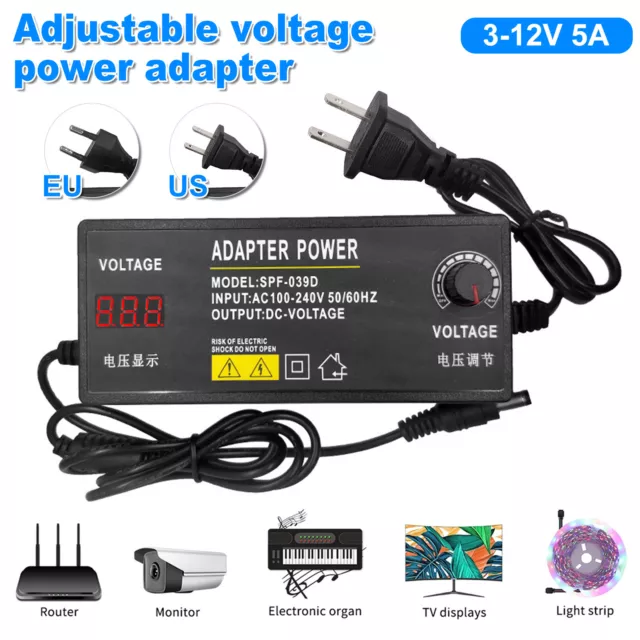 60W Universal Multi-Voltage Adjustable Power Supply Adapter Charger Switch 3-24V