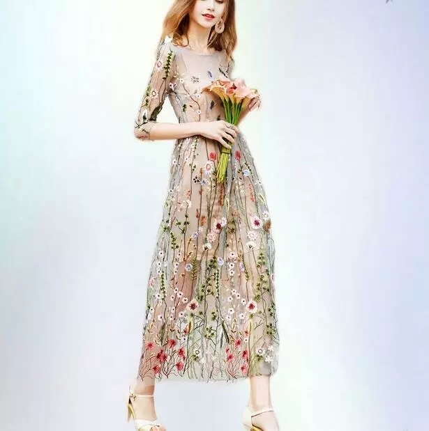 Women's Sheer Mesh Cotton Boho Dress Embroidered Lace Floral Long Retro