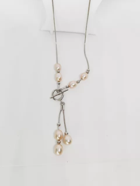 Sterling Silver 925 Genuine Pearl Front Toggle Lariat Y Drop Necklace Snake Chai