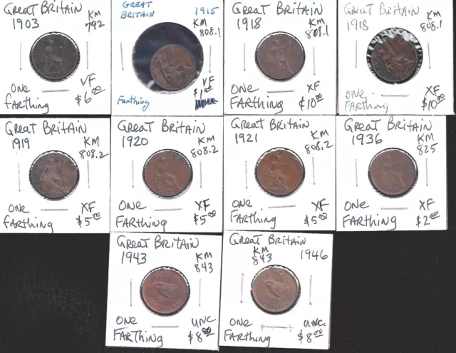 Great Britain Coins – Lot Of 10 – 1903 To 1946 - One Farthing