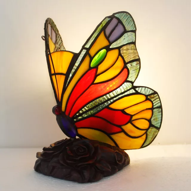 Small Table Lamp Tiffany Stained Glass Shade Butterfly Vintage Bedside Light