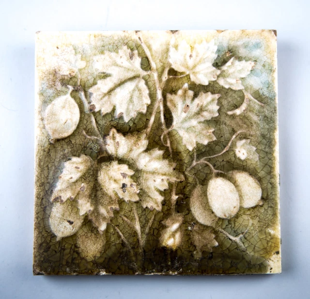 Vintage Majolica Pottery Ceramic Tile Olive Green Glaze Fig Leaves Design 6"